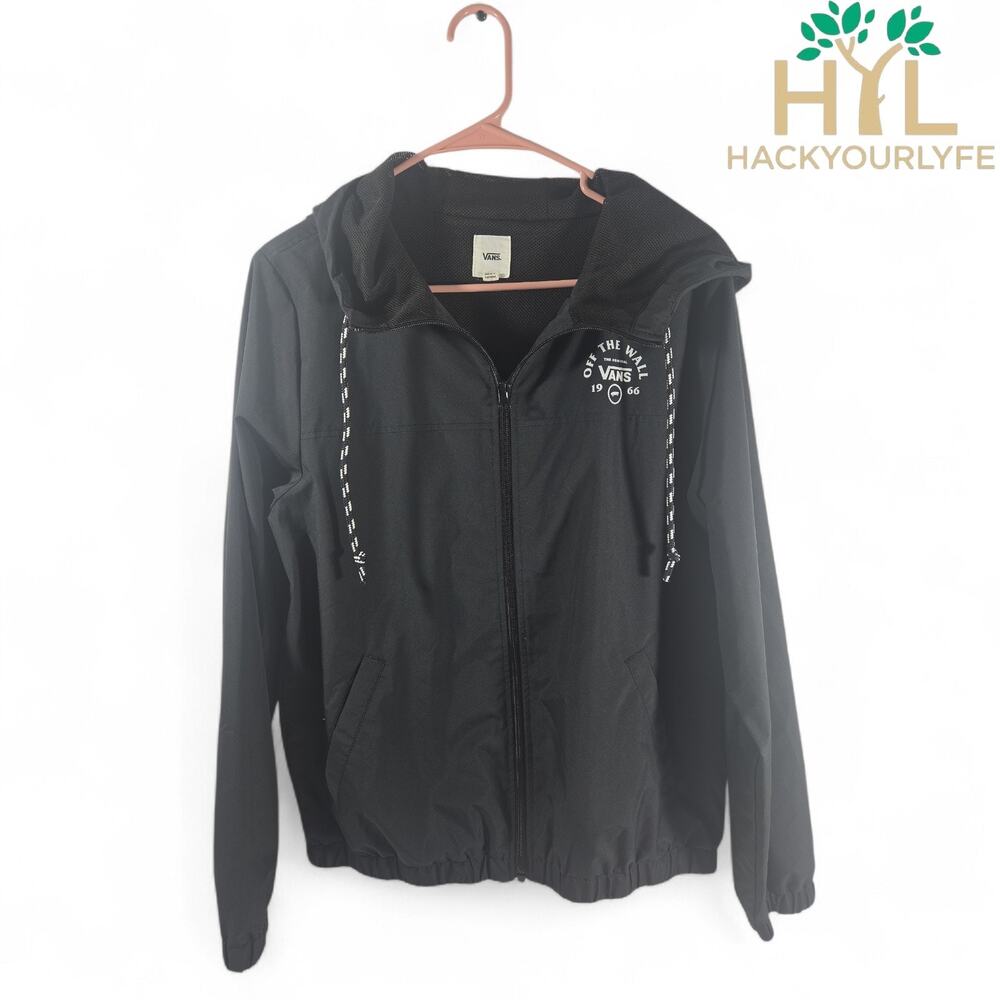 VANS Black Hooded Windbreaker Jacket Full Zip Logo Womens Size M